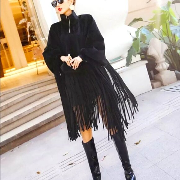 Chic Fringe Turtleneck Poncho Dress - Picture 2 of 5